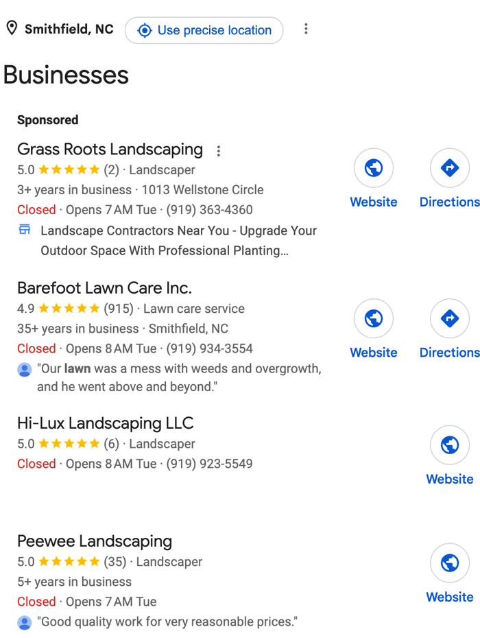 Google results for “Landscaper near me” from Smithfield: Hi-Lux ranks second organically.