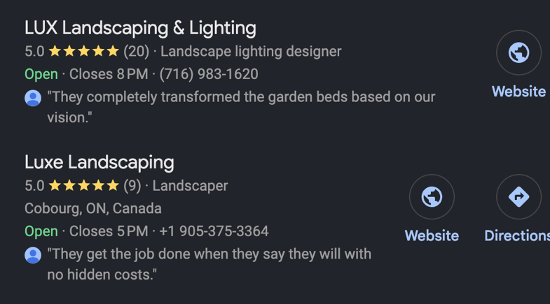 Google results showing a landscaper in Cobourg, Ontario — not Hi-Lux.